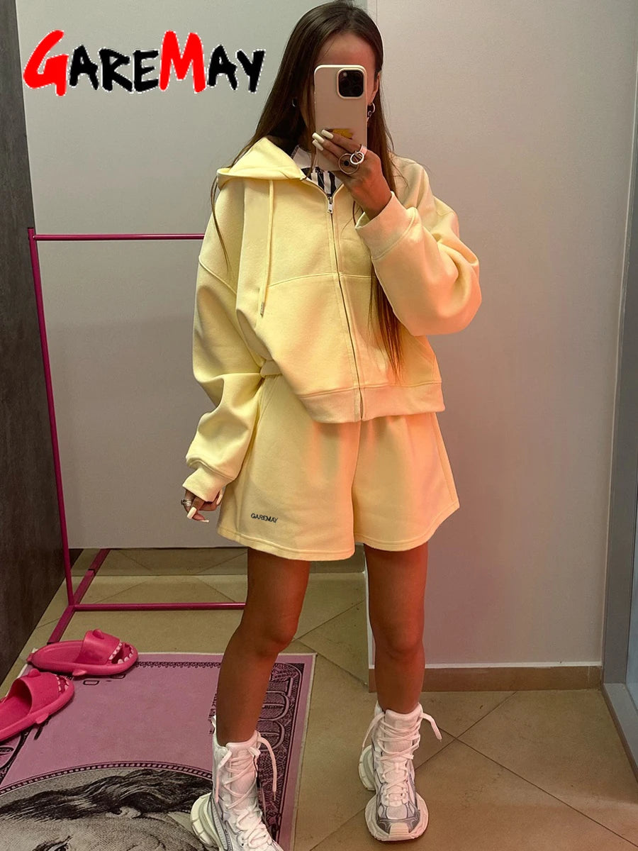 Women's Summer Tracksuit with Shorts Zipper Cotton Oversize Top and Shorts Two Piece Set Casual Sports Yellow Suit for Women