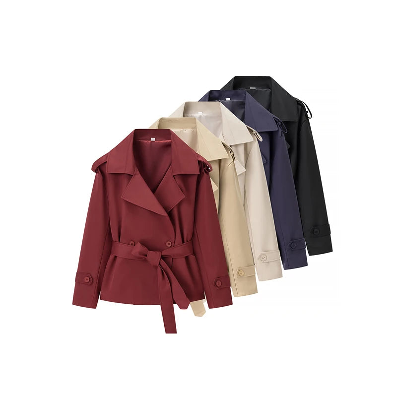Women Elegant Full Sleeve Lace Up Jacket Loose Fashion Solid Lapel Belt Short Trench Coat Autumn 2025 Daily High Street Outwear