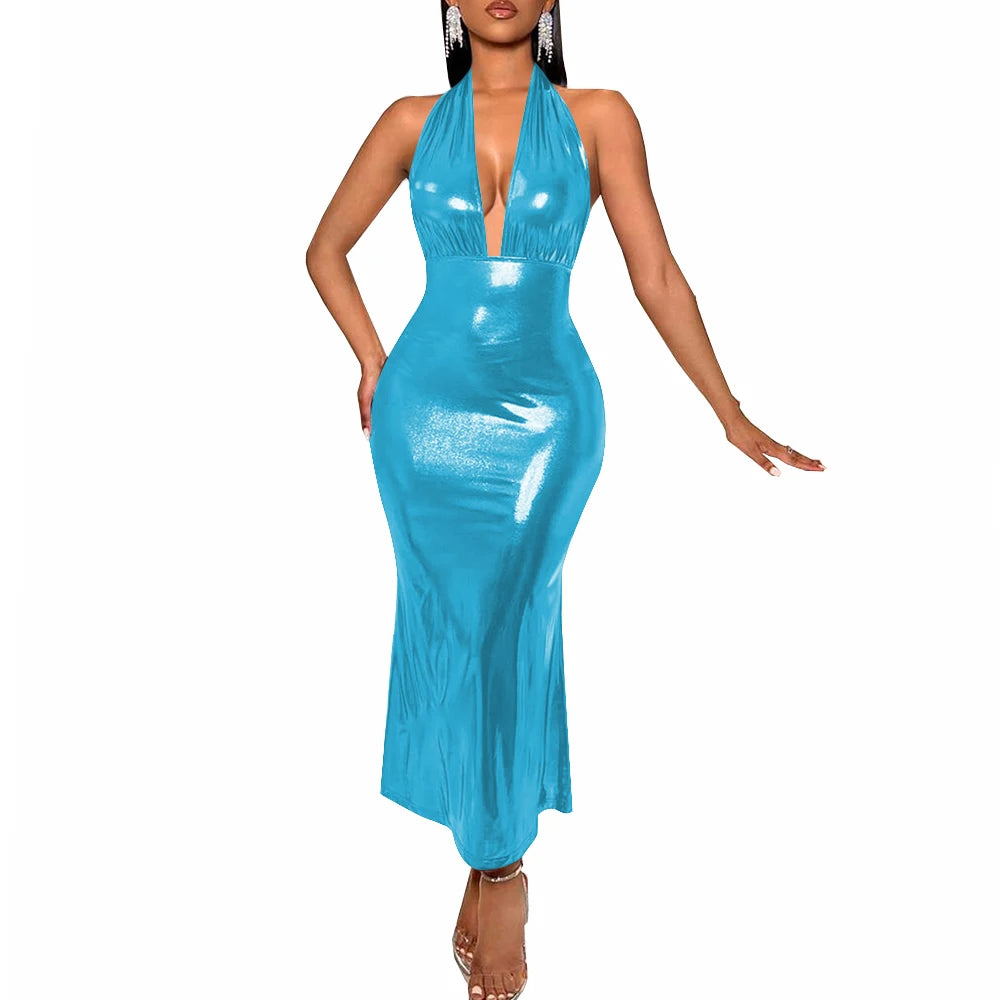 Plus Size Liquid Metallic Halter Dress Ladies Deep V-neck Club Beach Long Dresses Sexy Off-shoulder Backless Suspender Robes