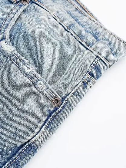 HH 2024 Women's Street Fashion Denim Blue Jeans Distressed Patchwork High Waist Zipper Fly Ripped Retro Long Pants