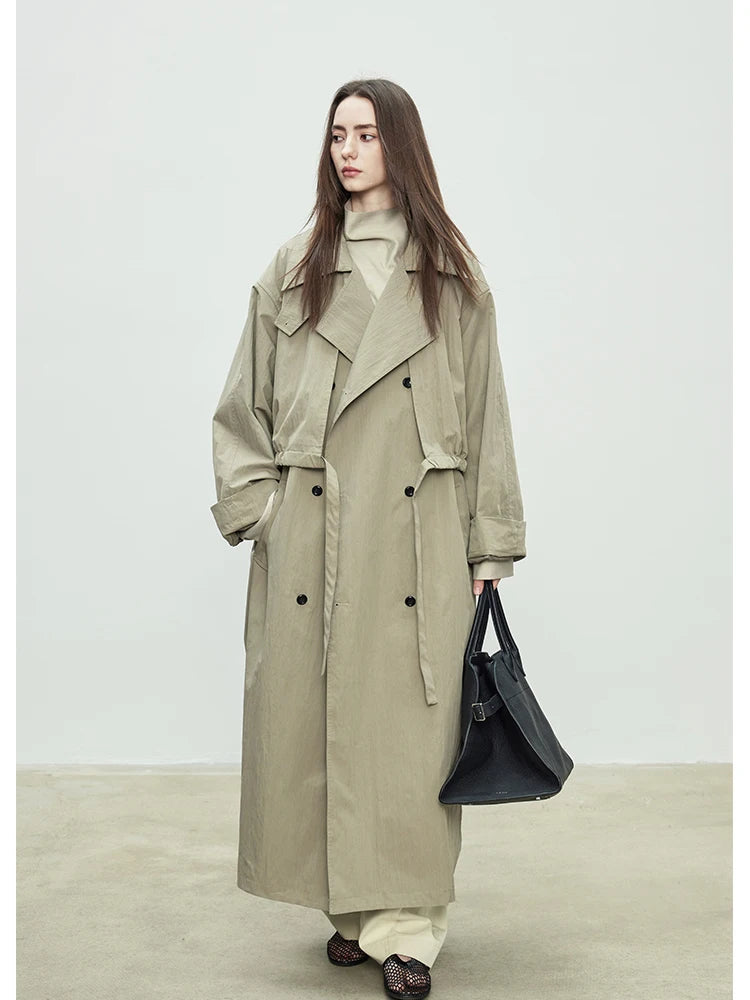 Lautaro Spring Autumn Oversized Khaki Long Trench Coat for Women Double Breasted Loose Casual European Fashion Overcoat 2025