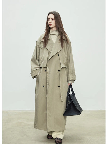 Lautaro Spring Autumn Oversized Khaki Long Trench Coat for Women Double Breasted Loose Casual European Fashion Overcoat 2025