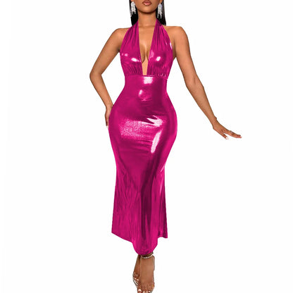 Plus Size Liquid Metallic Halter Dress Ladies Deep V-neck Club Beach Long Dresses Sexy Off-shoulder Backless Suspender Robes