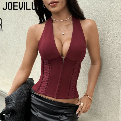 Sexy Y2K Halter Corset Tops Women Boning Deep V Neck Bustier French Style Waist Cincher Back Tie & Zip Closure Hot Clubwear Cute