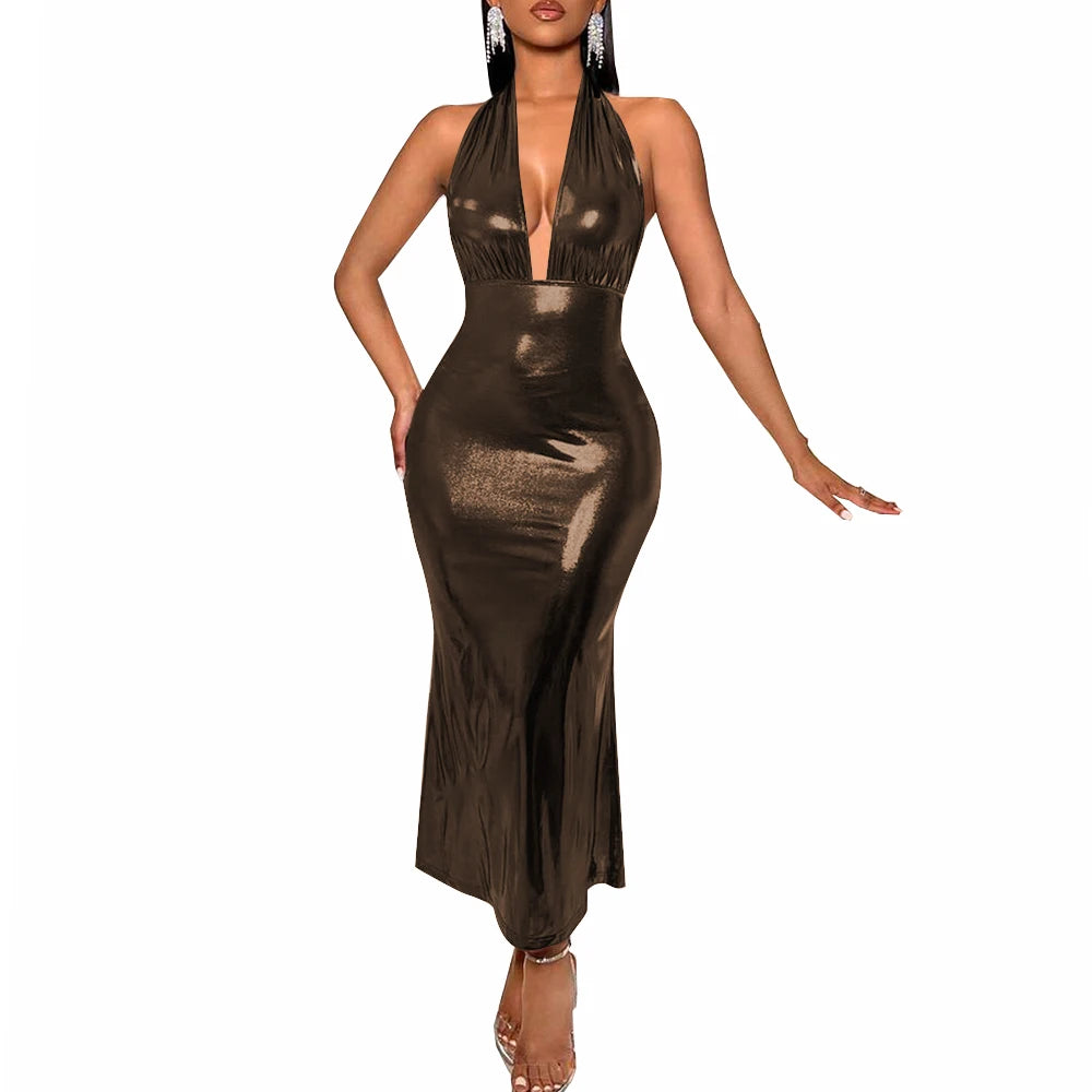 Plus Size Liquid Metallic Halter Dress Ladies Deep V-neck Club Beach Long Dresses Sexy Off-shoulder Backless Suspender Robes