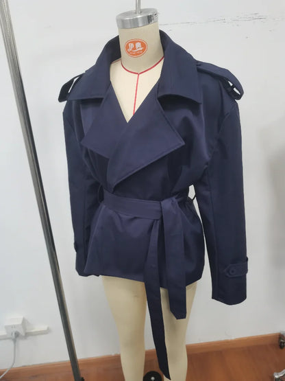 Women's Short Trench Coat Single Breasted Lapel Collar Belted Waist Long Sleeve Jacket Casual Daily Commute Office Fashion Coat