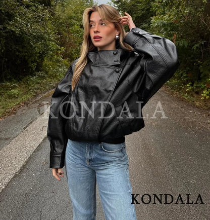 Casual Chic Black Leather Jackets Women Long Sleeve Buttons Elastic Oversized Coats Fashion 2026 Fall Streetwear Coats
