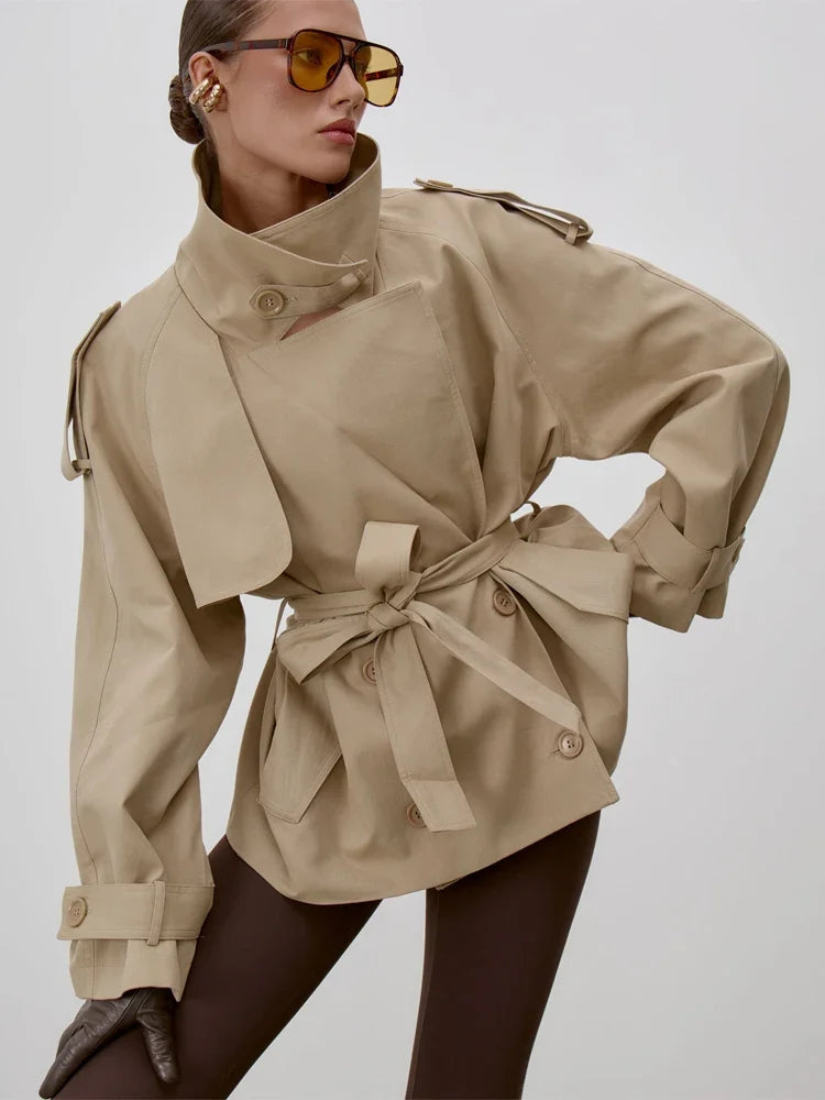 Stand Collar Lace Up Trench Chic Coat Women Long Sleeves Single Breasted Short Windbreaker New Spring Daily Street Lady Jacket