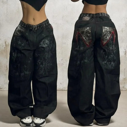2024 New American Trend Retro Hip-hop Embroidery Pattern Baggy Jeans For Men And Women Y2K Harajuku Gothic Wide Pants Streetwear