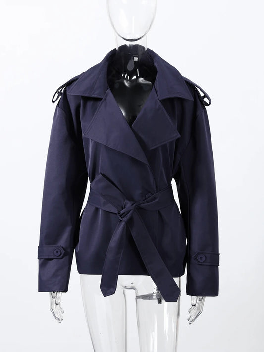 Women's Short Trench Coat Single Breasted Lapel Collar Belted Waist Long Sleeve Jacket Casual Daily Commute Office Fashion Coat