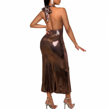Plus Size Liquid Metallic Halter Dress Ladies Deep V-neck Club Beach Long Dresses Sexy Off-shoulder Backless Suspender Robes