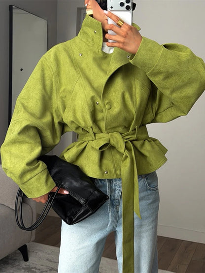 Elegant Solid Women's Windbreaker Full Sleeve Stand Collar Lace Up Lady Short Coats 2026 Spring Chic Female Street Outerwear