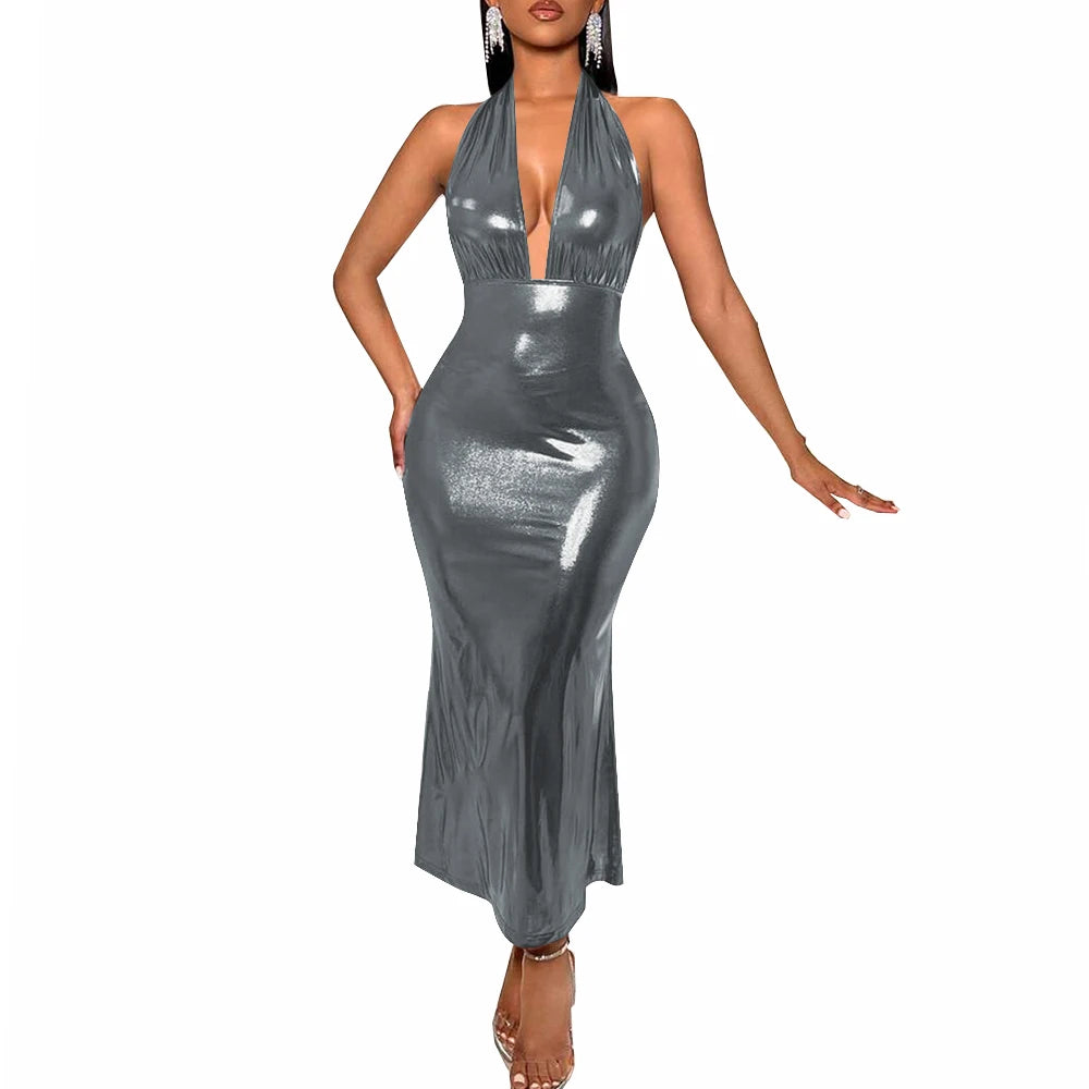 Plus Size Liquid Metallic Halter Dress Ladies Deep V-neck Club Beach Long Dresses Sexy Off-shoulder Backless Suspender Robes