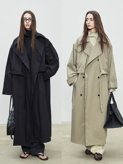 Lautaro Spring Autumn Oversized Khaki Long Trench Coat for Women Double Breasted Loose Casual European Fashion Overcoat 2025