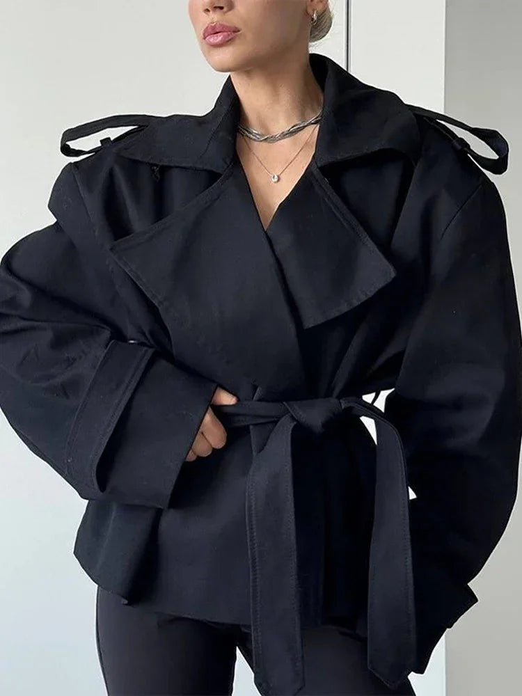 Women's Short Trench Coat Single Breasted Lapel Collar Belted Waist Long Sleeve Jacket Casual Daily Commute Office Fashion Coat