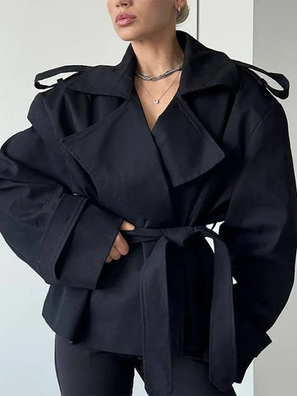 Women's Short Trench Coat Single Breasted Lapel Collar Belted Waist Long Sleeve Jacket Casual Daily Commute Office Fashion Coat