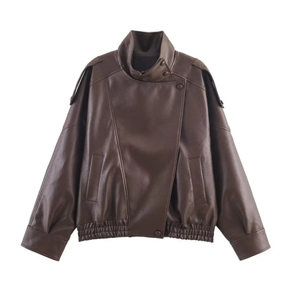 Casual Chic Black Leather Jackets Women Long Sleeve Buttons Elastic Oversized Coats Fashion 2026 Fall Streetwear Coats