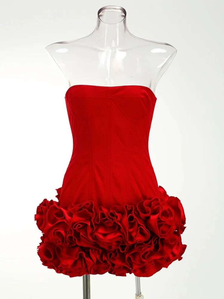 VC Christmas Dress Strapless Backless Red Structured Floral Embellished Mini Length Bodycon Celebrity Party Cocktail Dress