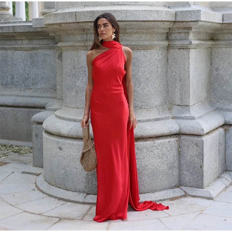 Sexy Satin Ribbon Party Dress Women Elegant Halter Backless Off Shoulder Sleeveless Female Dresses 2024 Summer Solid Robe Gown