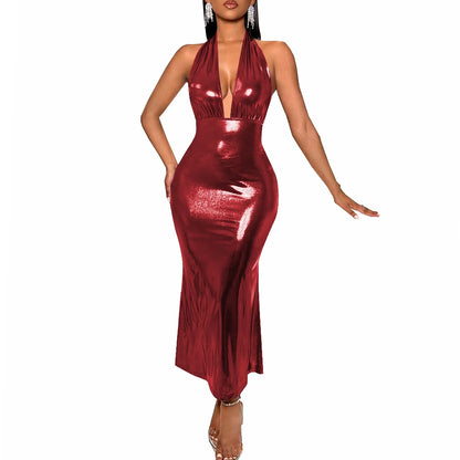 Plus Size Liquid Metallic Halter Dress Ladies Deep V-neck Club Beach Long Dresses Sexy Off-shoulder Backless Suspender Robes