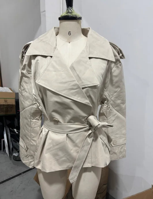 Women Elegant Full Sleeve Lace Up Jacket Loose Fashion Solid Lapel Belt Short Trench Coat Autumn 2025 Daily High Street Outwear