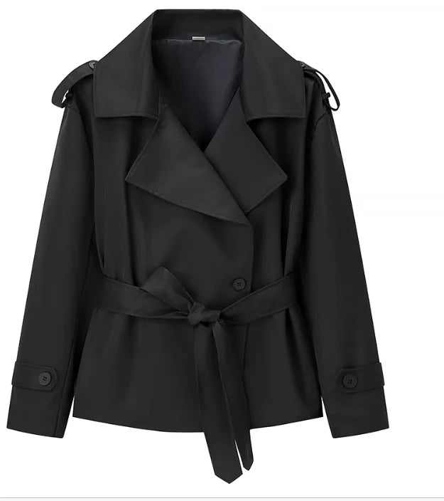 Women Elegant Full Sleeve Lace Up Jacket Loose Fashion Solid Lapel Belt Short Trench Coat Autumn 2025 Daily High Street Outwear