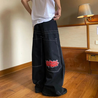 Hip Hop Splice Fashion Basics Retro Jeans for Women's Simple Dressing Up Daily Necessary Wide Leg Pants Baggy Cargo Pants