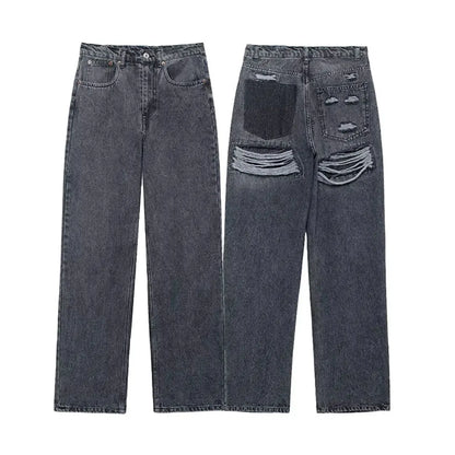 HH 2024 Women's Street Fashion Denim Blue Jeans Distressed Patchwork High Waist Zipper Fly Ripped Retro Long Pants