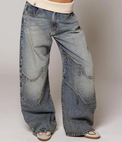 Hip Hop Splice Fashion Basics Retro Jeans for Women's Simple Dressing Up Daily Necessary Wide Leg Pants Baggy Cargo Pants