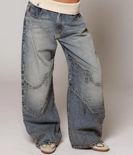 Hip Hop Splice Fashion Basics Retro Jeans for Women's Simple Dressing Up Daily Necessary Wide Leg Pants Baggy Cargo Pants