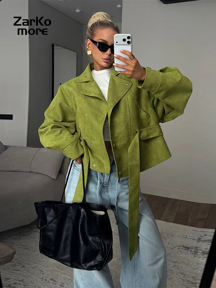 Vintage Women's Suede Jacket Lace Up Lapel Button Loose Long Sleeve Thick Female Coat 2026 Spring Autumn Lady Street Outwear New