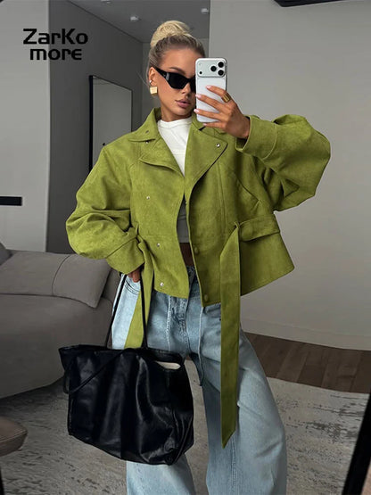 Vintage Women's Suede Jacket Lace Up Lapel Button Loose Long Sleeve Thick Female Coat 2026 Spring Autumn Lady Street Outwear New