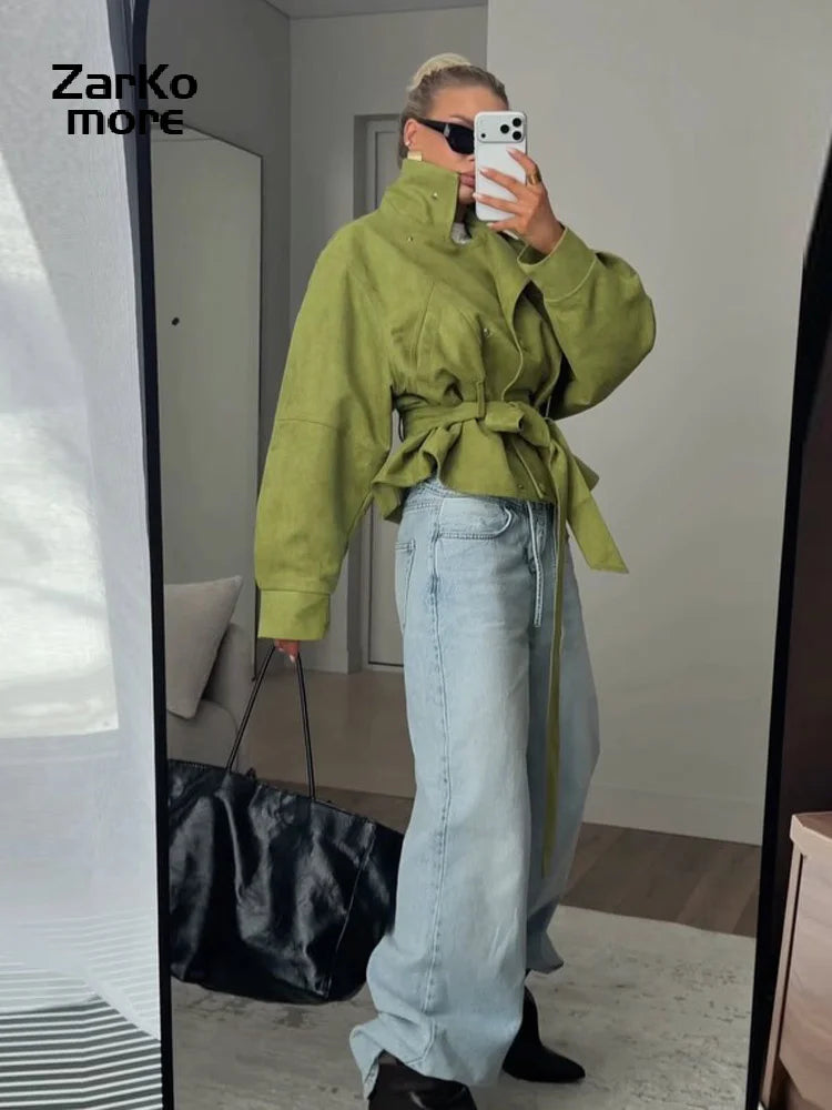 Vintage Women's Suede Jacket Lace Up Lapel Button Loose Long Sleeve Thick Female Coat 2026 Spring Autumn Lady Street Outwear New