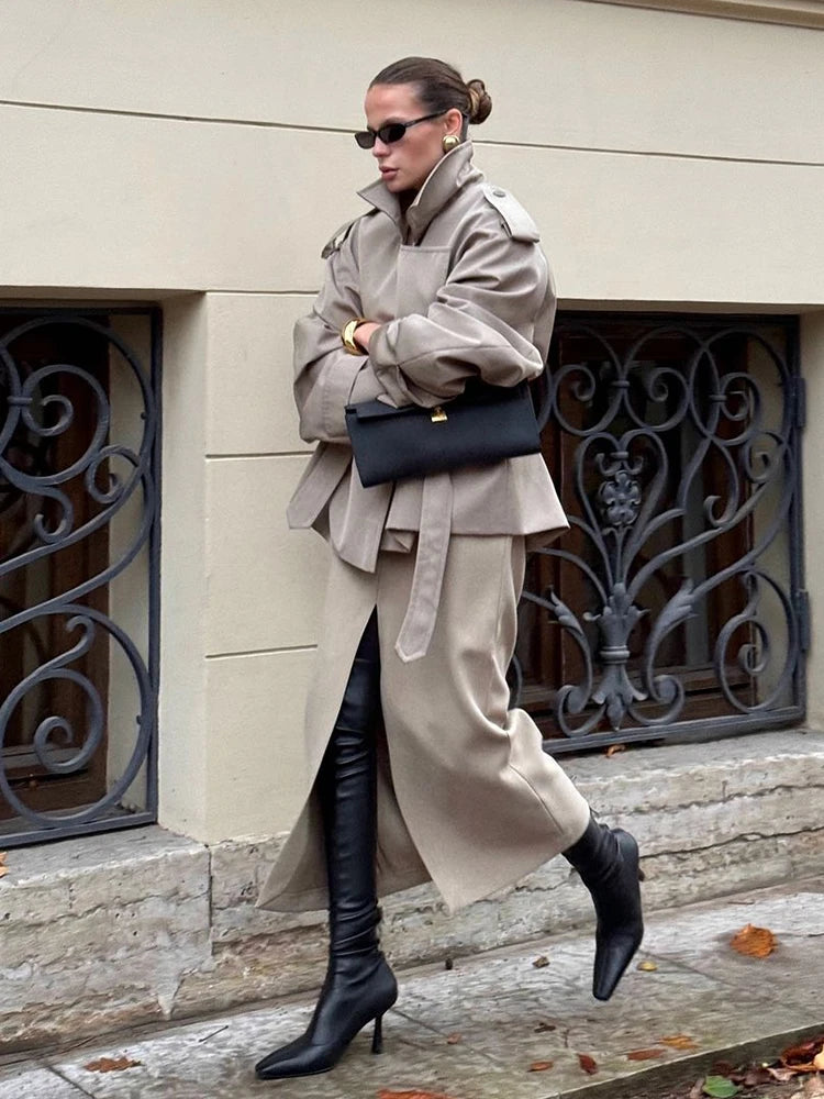 Women Elegant Full Sleeve Lace Up Jacket Loose Fashion Solid Lapel Belt Short Trench Coat Autumn 2025 Daily High Street Outwear