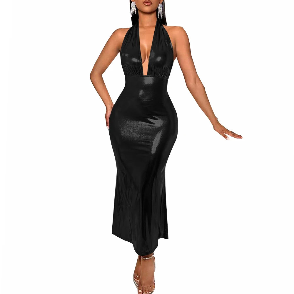 Plus Size Liquid Metallic Halter Dress Ladies Deep V-neck Club Beach Long Dresses Sexy Off-shoulder Backless Suspender Robes