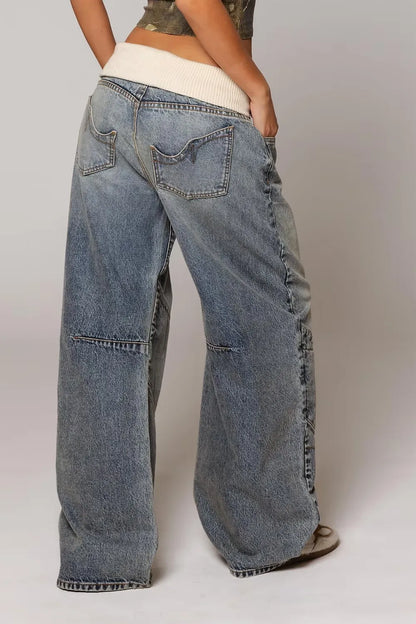 Hip Hop Splice Fashion Basics Retro Jeans for Women's Simple Dressing Up Daily Necessary Wide Leg Pants Baggy Cargo Pants