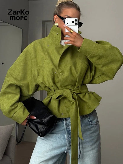 Vintage Women's Suede Jacket Lace Up Lapel Button Loose Long Sleeve Thick Female Coat 2026 Spring Autumn Lady Street Outwear New