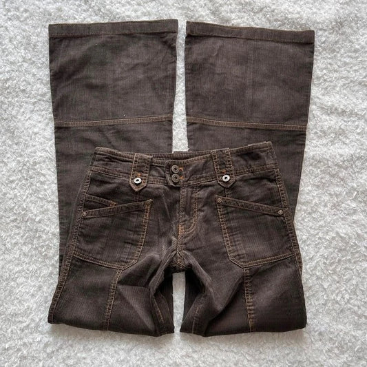 Y2K Brown Flared Jeans Womens Clothing Goth Retro Multi Pockets Low Rise Denim Trousers Harajuku Hot Girl Sexy Slim Jean Pants
