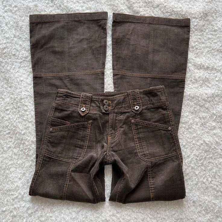 Y2K Brown Flared Jeans Womens Clothing Goth Retro Multi Pockets Low Rise Denim Trousers Harajuku Hot Girl Sexy Slim Jean Pants
