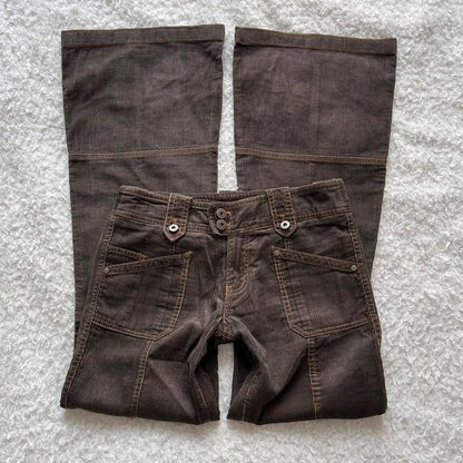 Y2K Brown Flared Jeans Womens Clothing Goth Retro Multi Pockets Low Rise Denim Trousers Harajuku Hot Girl Sexy Slim Jean Pants