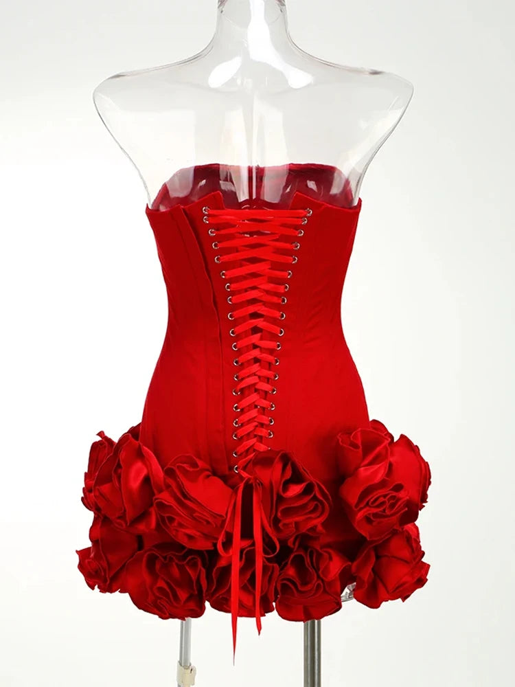 VC Christmas Dress Strapless Backless Red Structured Floral Embellished Mini Length Bodycon Celebrity Party Cocktail Dress
