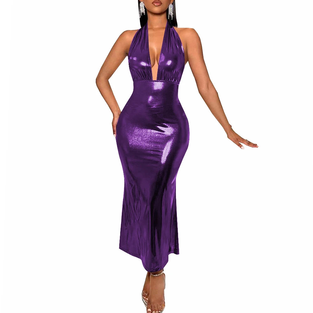 Plus Size Liquid Metallic Halter Dress Ladies Deep V-neck Club Beach Long Dresses Sexy Off-shoulder Backless Suspender Robes