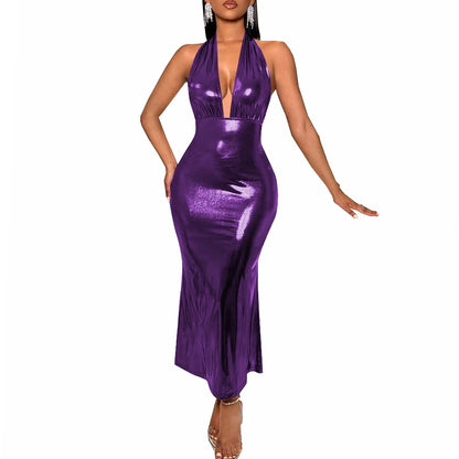 Plus Size Liquid Metallic Halter Dress Ladies Deep V-neck Club Beach Long Dresses Sexy Off-shoulder Backless Suspender Robes