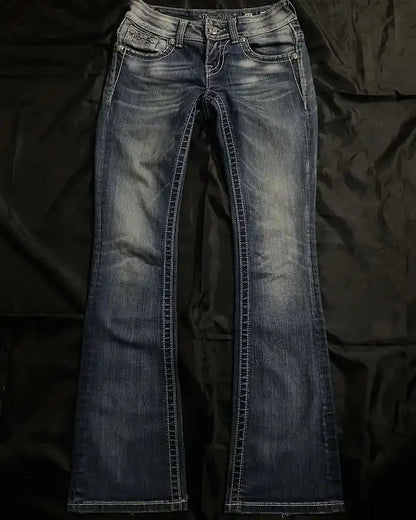 Streetwear Vintage Jeans Y2K Clothes Womens Vintage Pocket Sequin Washed Blue Baggy Jeans Mid Rise Slim Fit Trousers