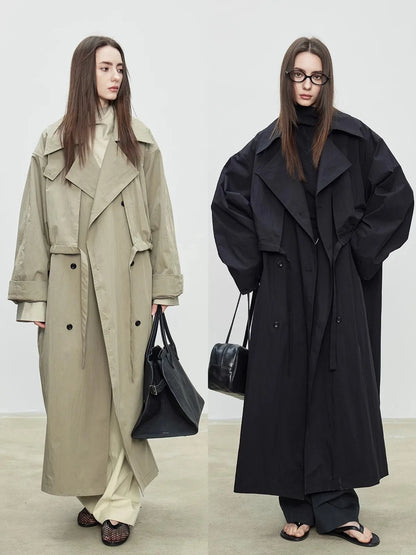 Lautaro Spring Autumn Oversized Khaki Long Trench Coat for Women Double Breasted Loose Casual European Fashion Overcoat 2025