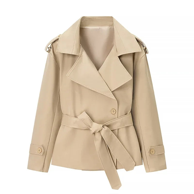 Women's Short Trench Coat Single Breasted Lapel Collar Belted Waist Long Sleeve Jacket Casual Daily Commute Office Fashion Coat