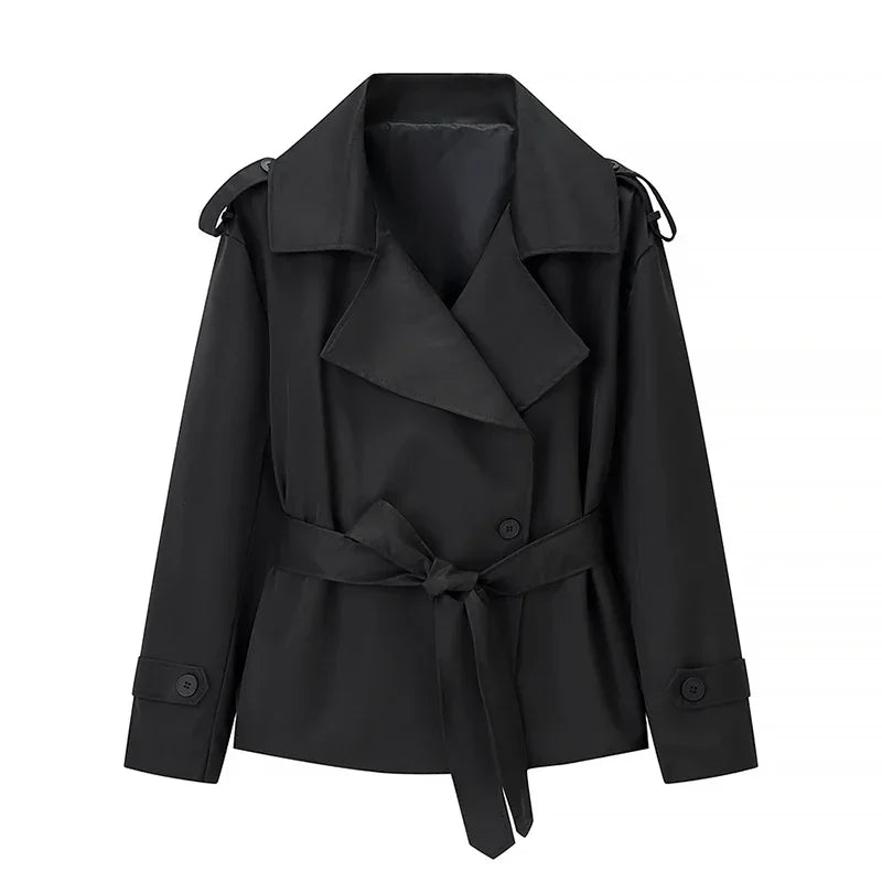 Women's Short Trench Coat Single Breasted Lapel Collar Belted Waist Long Sleeve Jacket Casual Daily Commute Office Fashion Coat