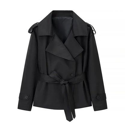 Women's Short Trench Coat Single Breasted Lapel Collar Belted Waist Long Sleeve Jacket Casual Daily Commute Office Fashion Coat