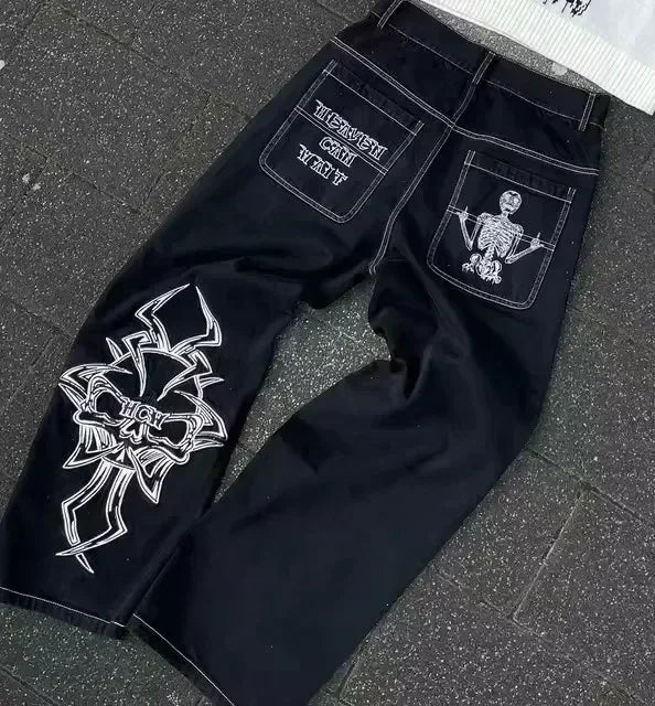 American Vintage Y2K Rhinestone Wing Embroidered Jeans Womens Blue Low Rise Flared Denim Pants with Studded Pockets Streetwear