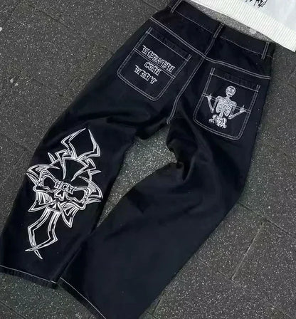 American Vintage Y2K Rhinestone Wing Embroidered Jeans Womens Blue Low Rise Flared Denim Pants with Studded Pockets Streetwear